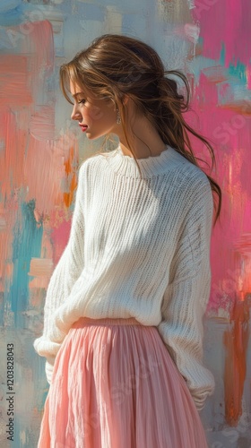 Woman wearing a cozy knitted sweater and light pink skirt stands against a vi...