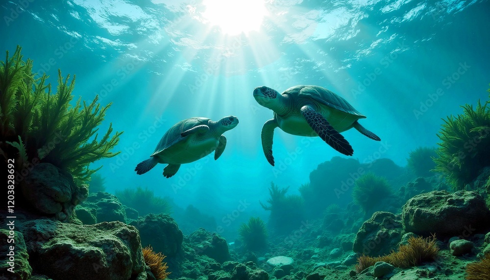 Fototapeta premium Sea Turtles Swimming in Underwater Coral Reef Scene