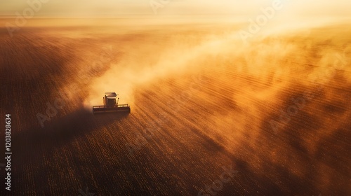 A combine harvesting corn in a vast open field with dust rising in the warm evening light.