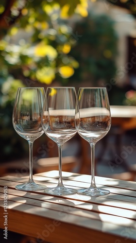 Sparkling wine glasses reflecting warm light in a rustic setting at a cozy re...