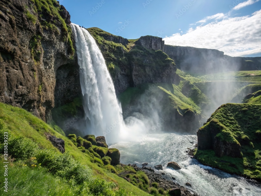 Fototapeta premium Majestic Waterfall Cascading Down Rocky Cliffs, Abundant Copy Space