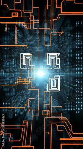 Abstract futuristic, animated background with blue and orange neon lights. IT, cyberspace, computer data transfer. Perfect for technology and cyber concepts. Virtual reality, artificial intelligence.