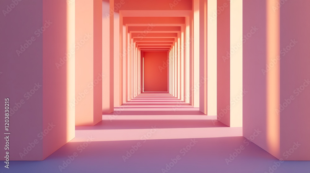 Obraz premium Mesmerizing Geometric Hallway with Soft Glow and Vibrant Colors in 3D