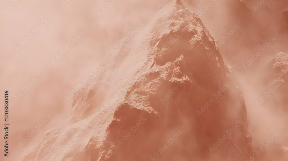 Fototapeta premium Misty mountain peak, volcanic ash, aerial view, dramatic landscape, travel poster