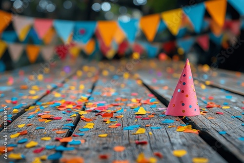 Colorful party decorations with confetti and bunting on a wooden surface duri...