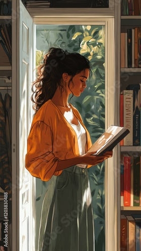 Young woman reading inside a closet with light streaming through the door in ...