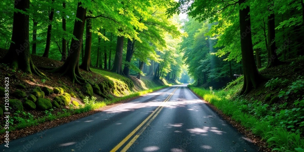 Obraz premium Sunlit Pathway Through Lush Green Forest Canopy with Asphalt Road
