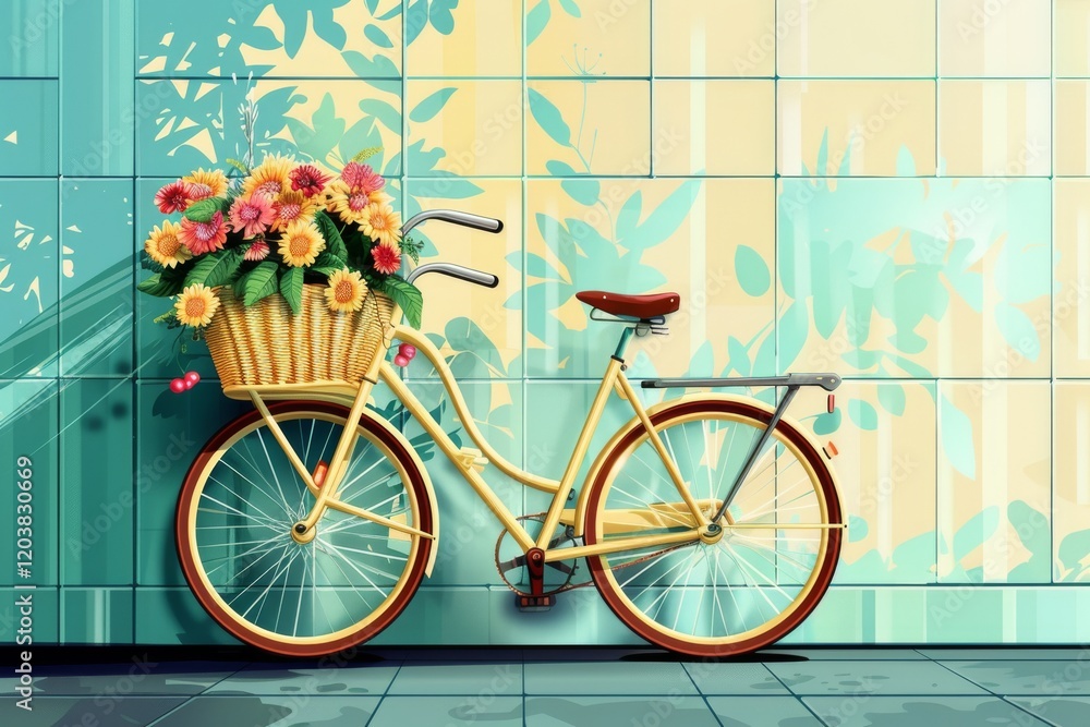 Fototapeta premium Vibrant floral retro bicycle against spring wall art background