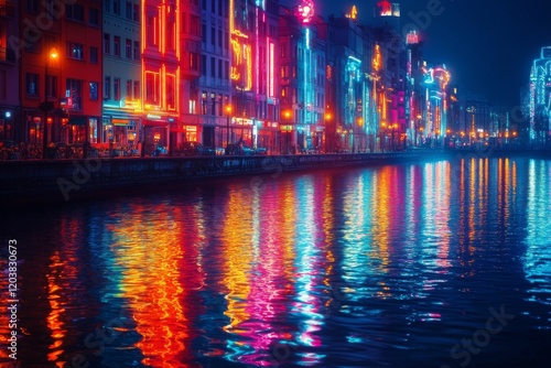 Vibrant city lights reflecting on water create a colorful night landscape by ...