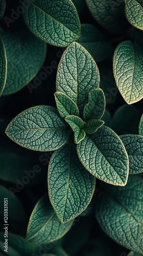Lush green leaves with intricate texture in natural lighting creating a seren...