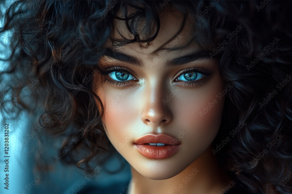 Naklejka premium Young woman with curly hair and striking blue eyes poses against a soft background