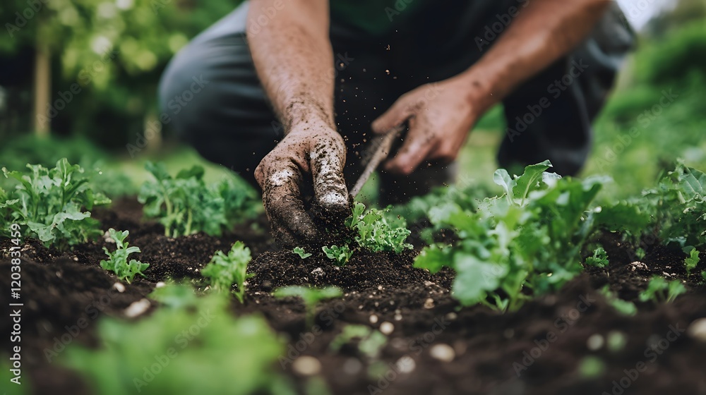 Fototapeta premium A farmer spreading organic fertilizer across a green vegetable field with simple tools.