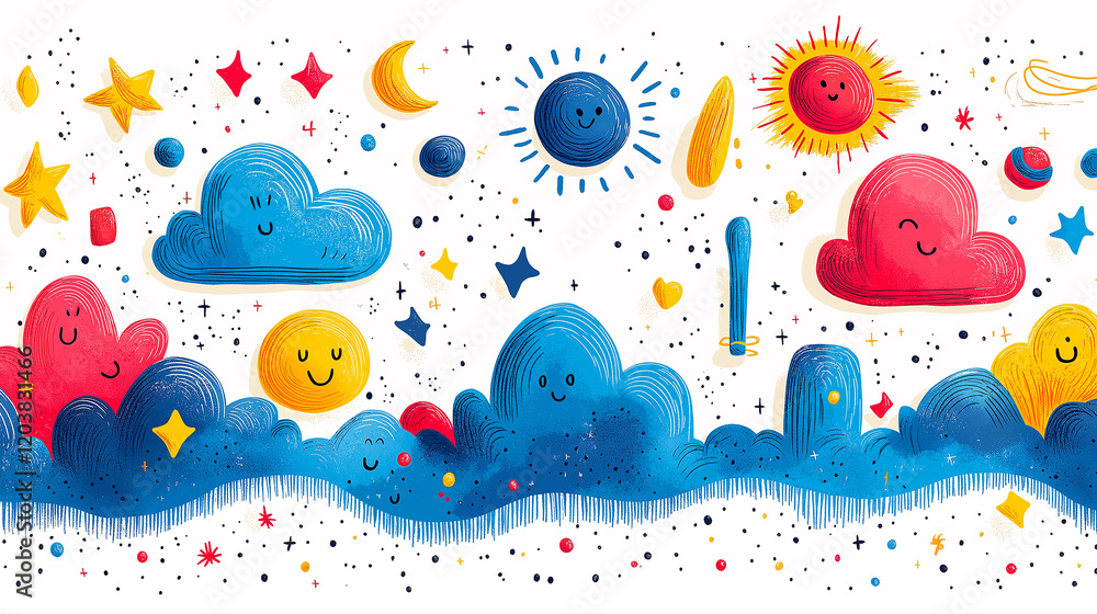 Naklejka premium children's background clouds Sun stars geometric shapes It's time for school