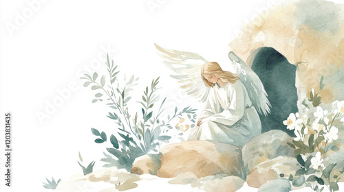 Peaceful angel sitting near cave in tranquil watercolor landscape