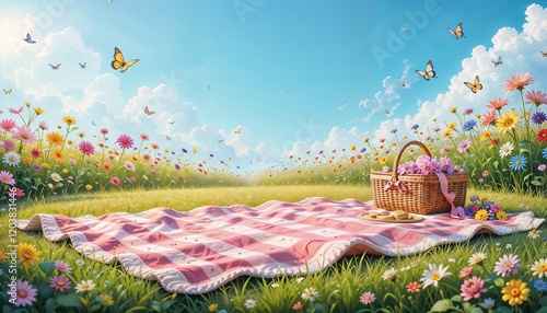 Colorful picnic scene with basket, cookies, and blanket in flower field under bright blue sky

