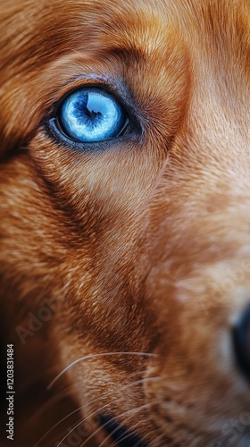 Close-up of a golden retriever showcasing its striking blue eye detail in nat...
