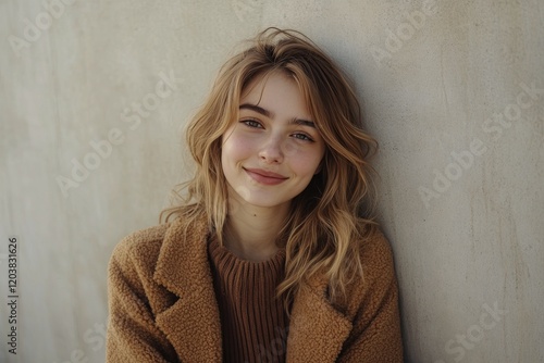 Beautiful young woman smiling while leaning against a wall in a serene outdoo...