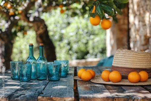 Bright morning light illuminating a rustic table with drinks and fruit