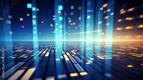 Abstract futuristic, animated background with blue and orange neon lights. IT, cyberspace, computer data transfer. Perfect for technology and cyber concepts. Virtual reality, artificial intelligence.