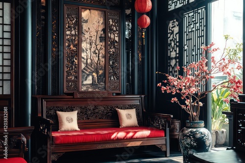 A Chinese-style living room with black and red walls adorned with intricate wooden furniture photo