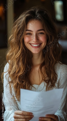 Smiling woman holding a menu in a cozy cafe during the morning light