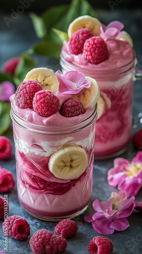 Refreshing berry and banana smoothie topped with whipped cream and fruit garn...