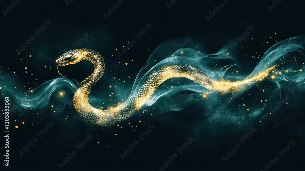 Abstract modern design of golden snake silhouette shimmering against deep green background decorated with sparkles. 2025 sign of Lunar New Year Abstract modern design of golden snake silhouette shimmering against deep green background decorated with sparkles. 2025 sign of Lunar New Year
