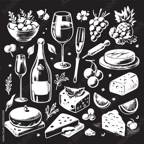 chalk food illustrations, wedding dinner icons, wine or champagne glass, cheese, and charcuterie drawings for wedding invitations, cafe menus, and parties. La dolce vita italian sketch style.