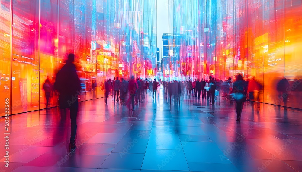 Abstract City Scene with Colorful Lights and Blurred Silhouettes of People Walking Through Urban Environment at Twilight in Metropolis Abstract City Scene with Colorful Lights and Blurred Silhouettes of People Walking Through Urban Environment at Twilight in Metropolis