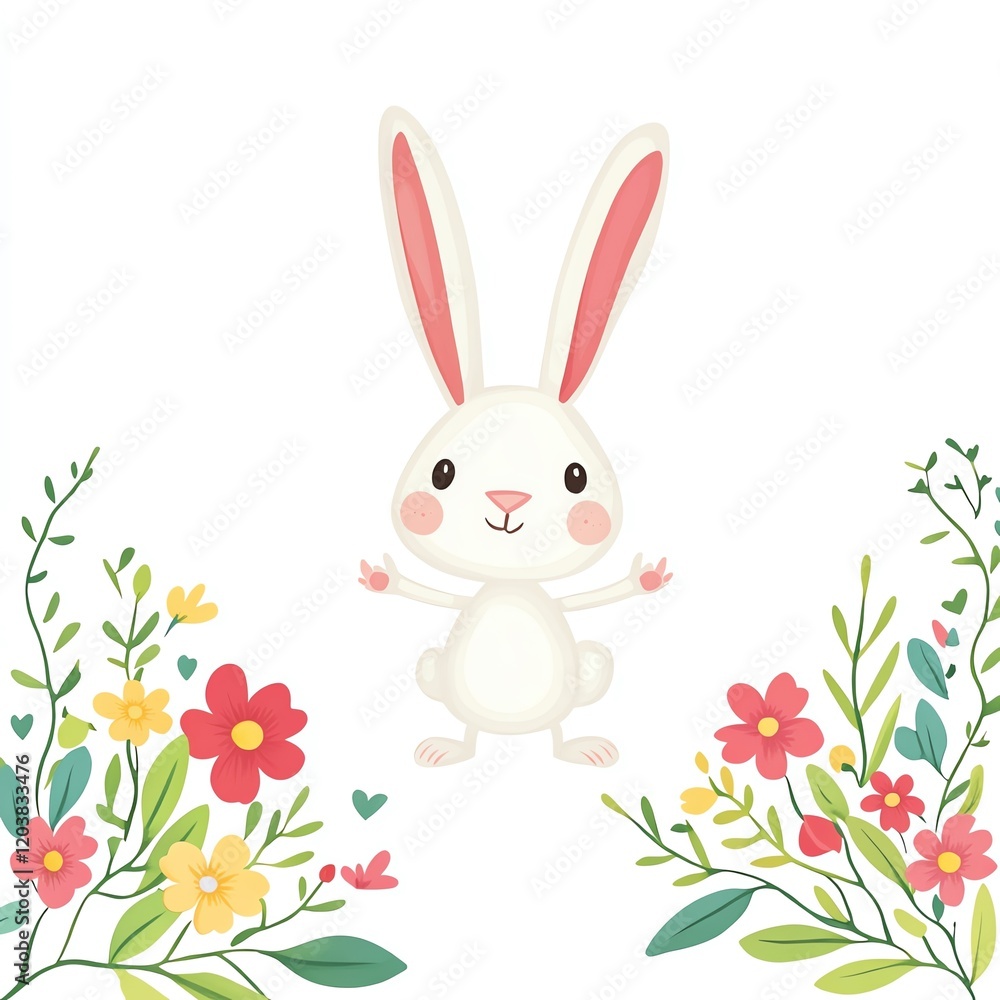 A delicate watercolor-style Easter bunny surrounded by blooming flowers and fresh green leaves A delicate watercolor-style Easter bunny surrounded by blooming flowers and fresh green leaves