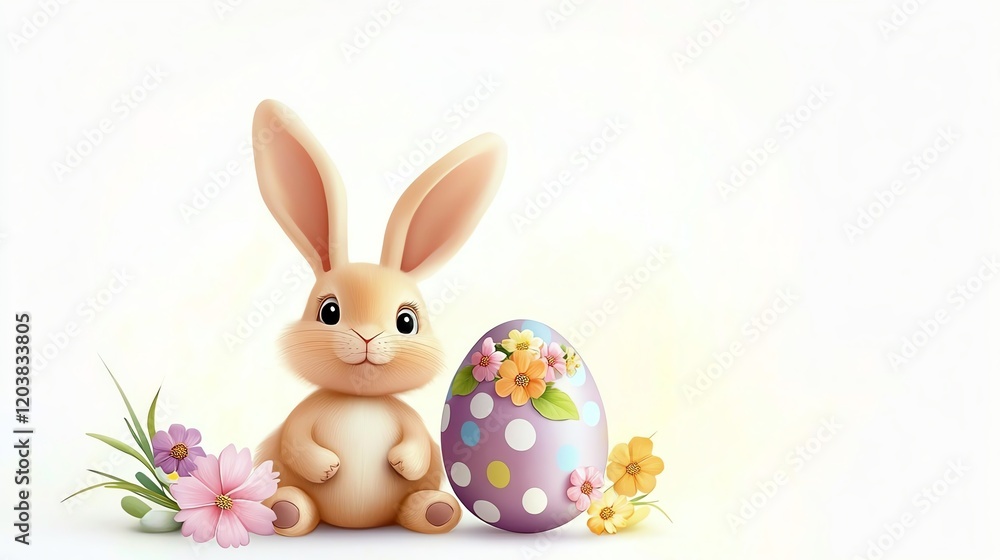 A whimsical Easter bunny sitting next to a pastel-colored egg decorated with flowers and polka dots, surrounded by soft spring hues and gentle light, isolated on a white background A whimsical Easter bunny sitting next to a pastel-colored egg decorated with flowers and polka dots, surrounded by soft spring hues and gentle light, isolated on a white background