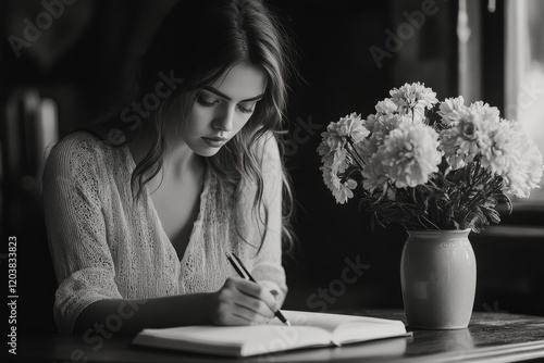 Young woman writing in a notebook surrounded by flowers in a cozy indoor setting