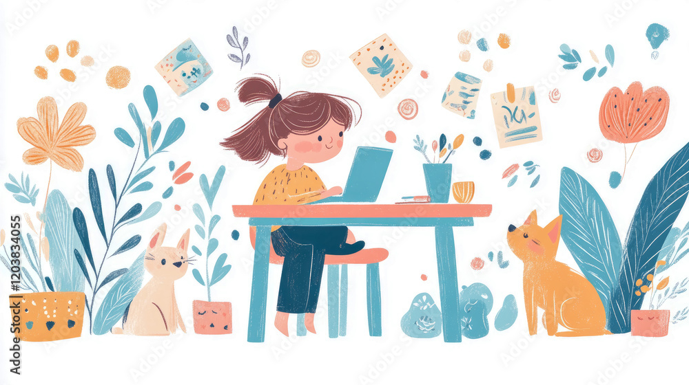 Naklejka premium Girl Working on Laptop, Surrounded by Plants and Pets: A Cozy Home Office Scene