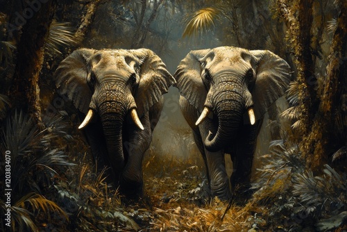 Two elephants standing in a lush green forest during early morning light