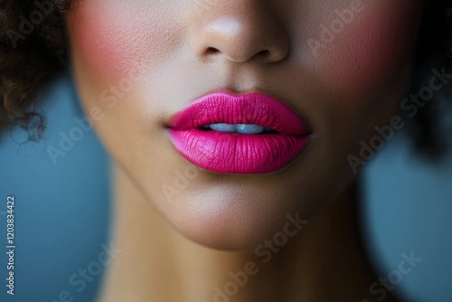 Vibrant close-up of glossy lips illuminated by pink and blue lights in a dark...