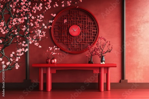 A red table with plum blossoms on it, Chinese New Year background wall, 3D rendering style, simple composition, red and brown color scheme