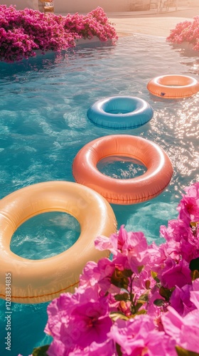 Brightly colored pool floats surrounded by vibrant flowers during a sunny day...