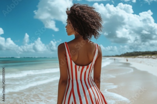 Woman in a striped dress stands by the beach with dark clouds overhead