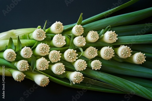 Fresh green onions stacked neatly on a dark stone surface ready for cooking