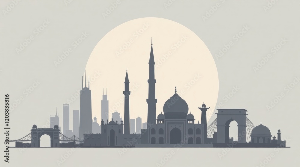 Obraz premium Serene Skyline Featuring Architectural Wonders of Diverse Cultures Under a Gentle Sunset