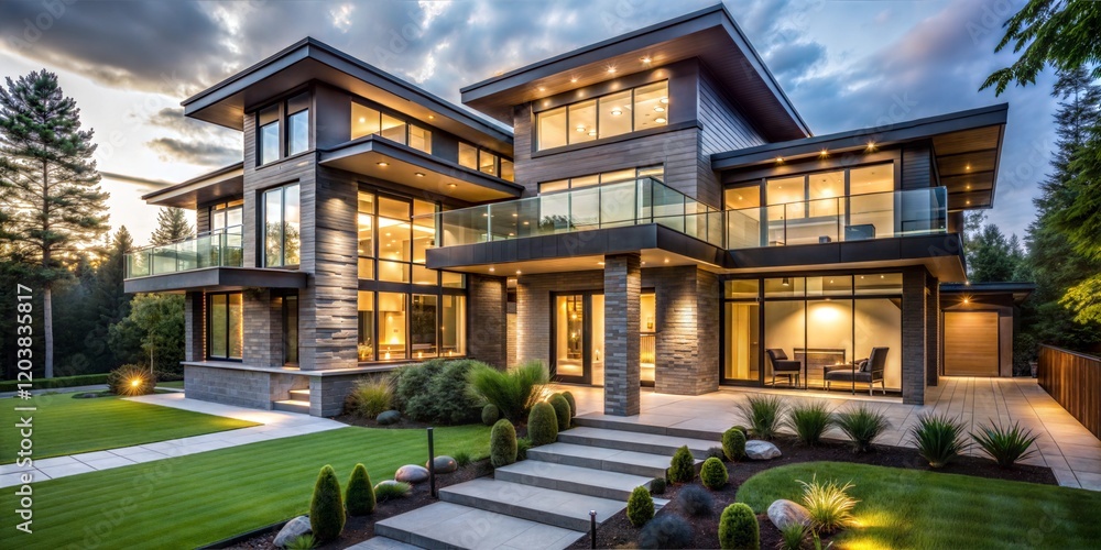 Fototapeta premium Modern High-Tech Villa with Large Glass Windows and a Well-Manicured Lawn