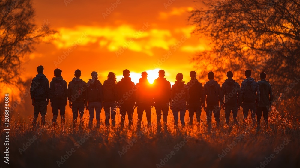 A group of friends stand silhouetted against a vibrant sunset in a grassy field, their backs to the camera, representing unity and shared moments A group of friends stand silhouetted against a vibrant sunset in a grassy field, their backs to the camera, representing unity and shared moments