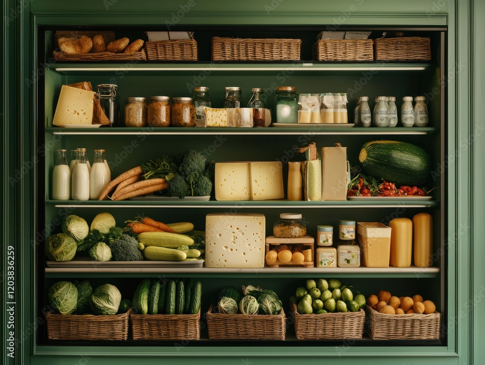 Fresh Produce and Cheese Display in a Rustic Pantry Interior Food Photography Cozy Atmosphere Close-Up Healthy Living