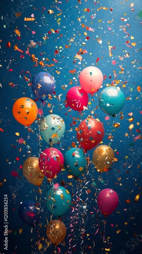 Festive balloons and colorful confetti on a blue background create a joyful c...