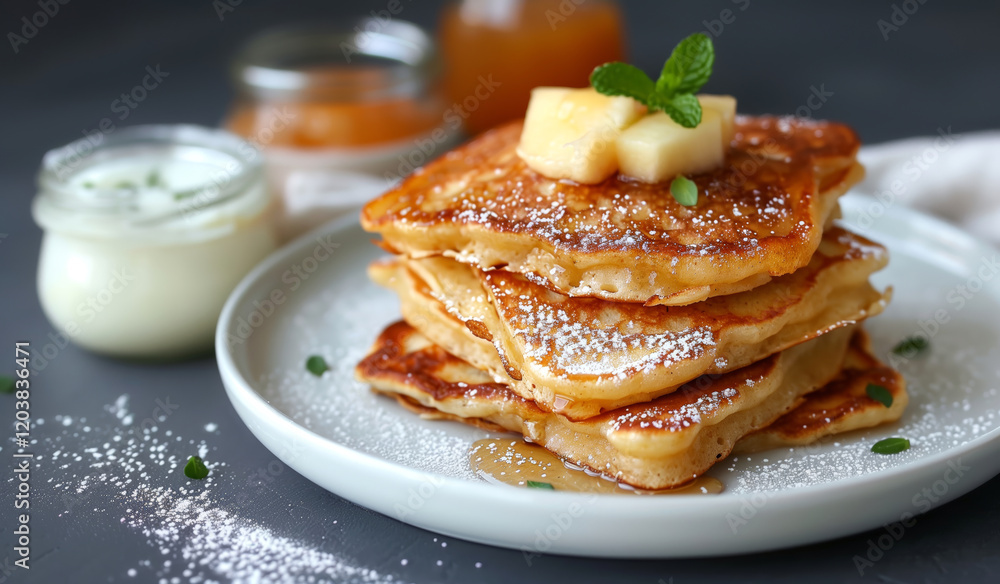 A Stack of Golden Brown Pancakes Topped with Apple and Mint A Stack of Golden Brown Pancakes Topped with Apple and Mint