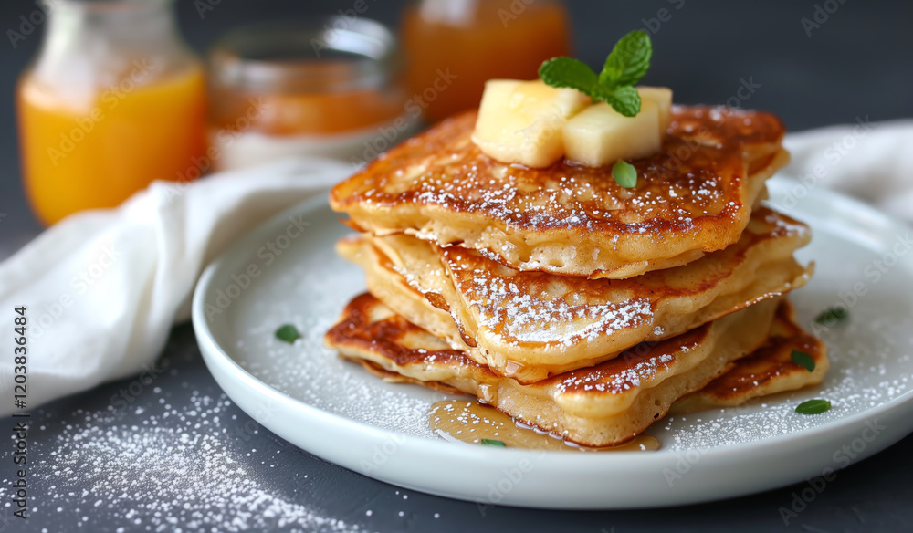 A stack of golden brown pancakes topped with fruit and syrup, sprinkled with powdered sugar A stack of golden brown pancakes topped with fruit and syrup, sprinkled with powdered sugar