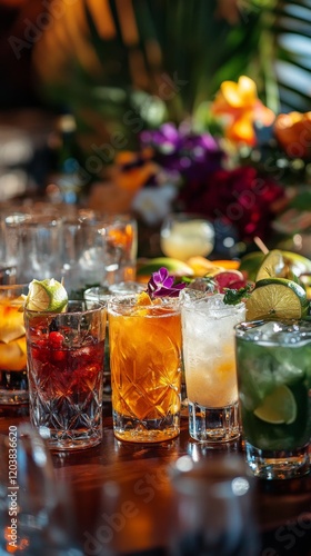 Colorful assortment of refreshing drinks served at a summer gathering in a ga...