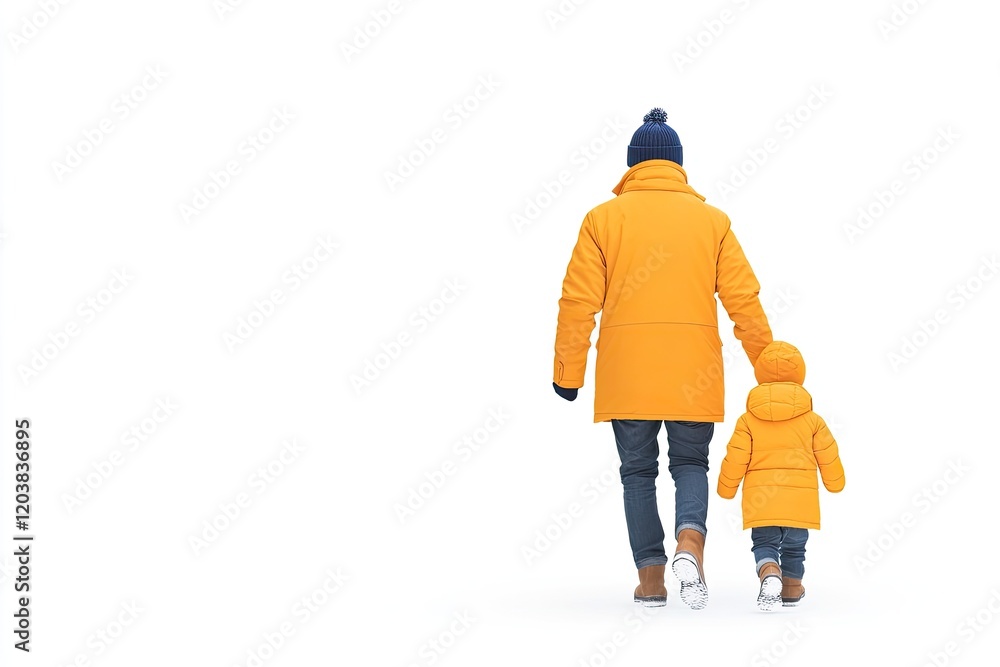 A parent and child in matching yellow coats walking hand in hand through a snowy landscape A parent and child in matching yellow coats walking hand in hand through a snowy landscape