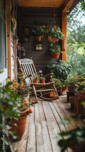 Cozy rocking chair surrounded by lush greenery in a serene garden setting