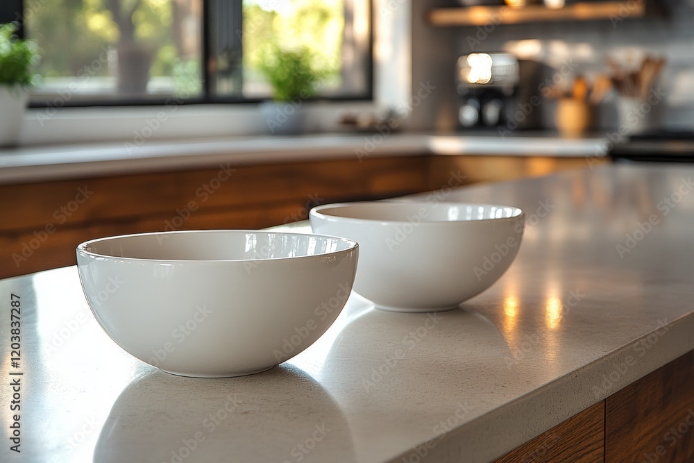 White bowls placed on a marble countertop in a modern kitchen during daylight hours White bowls placed on a marble countertop in a modern kitchen during daylight hours
